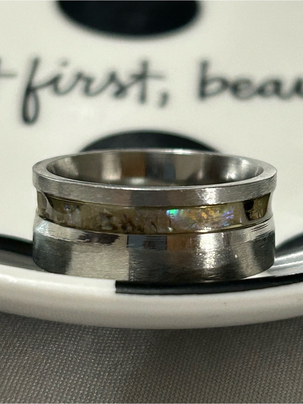 Silver Opal Inlay Band Ring Size 6 Iridescent Ring Costume Jewelry